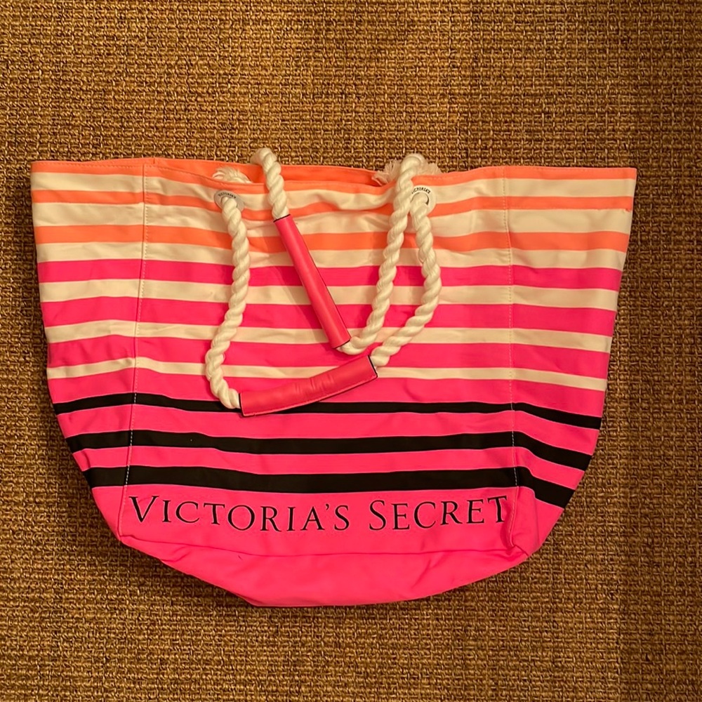 Victoria’s Secret Striped Beach Tote Pink, white, coral, black